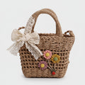 Woven Straw Basket Bag With Flower Charms - Khaki