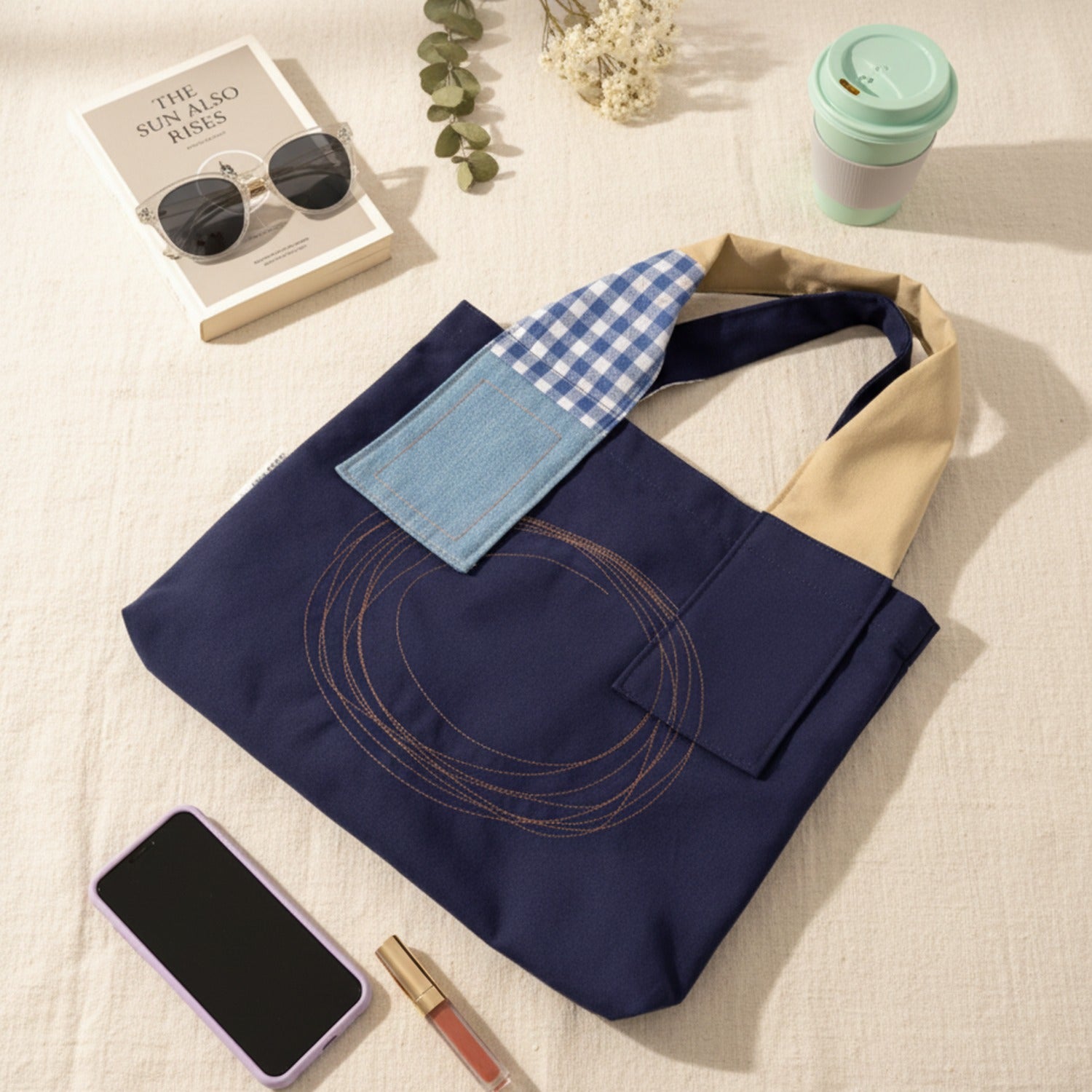 Navy Patchwork Tote Bag With Embroidered Detail