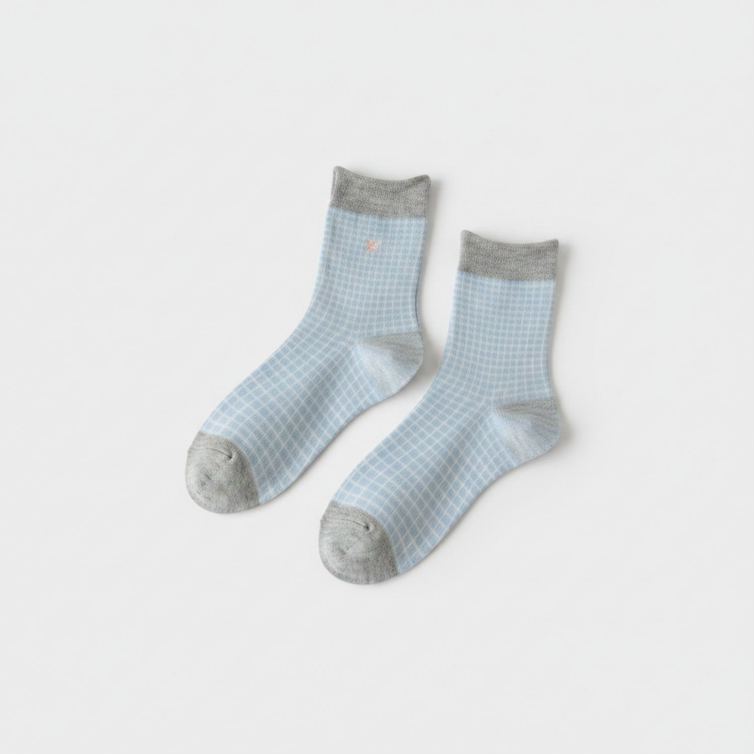 Light Blue Checkered Crew Socks With Gray Cuff