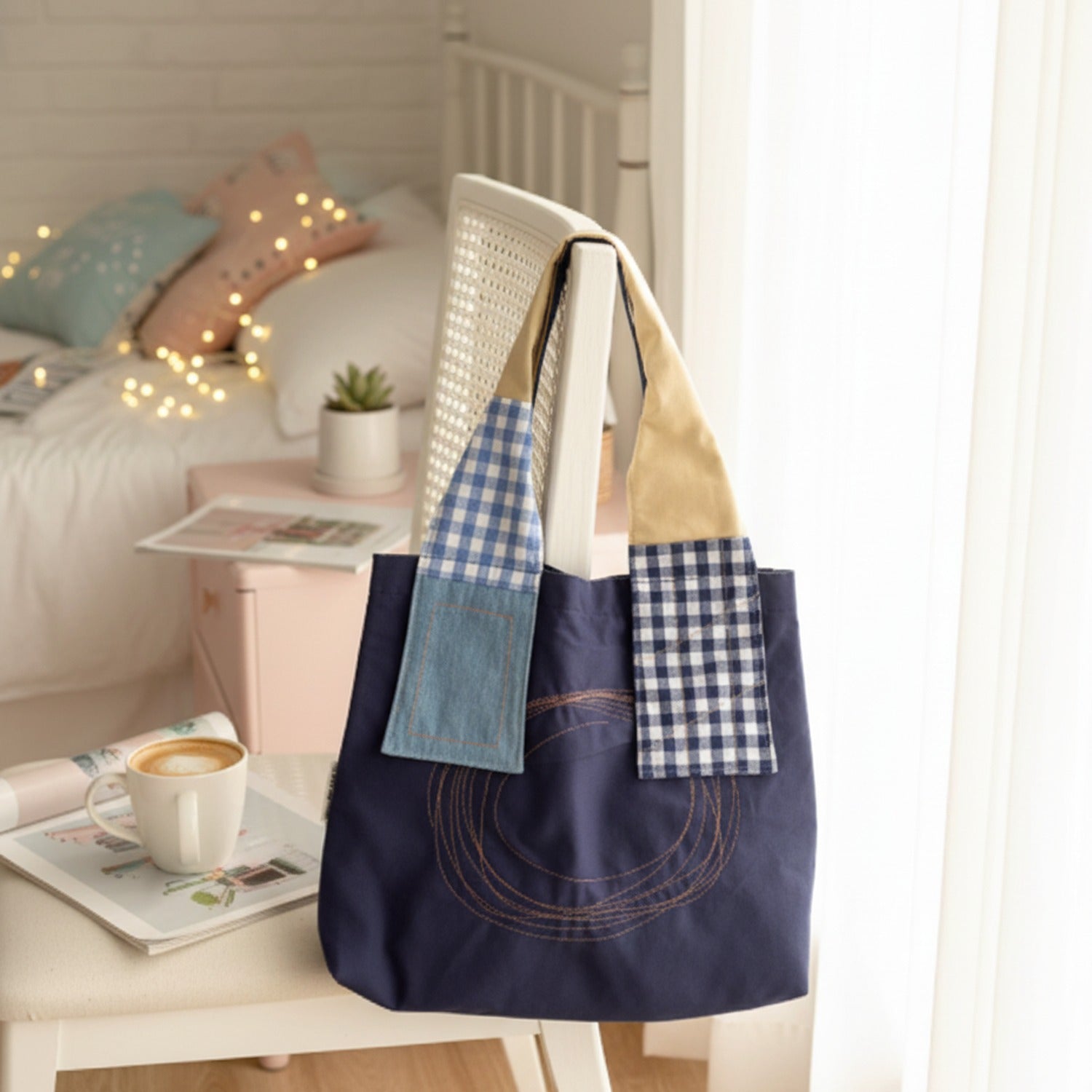 Navy Patchwork Tote Bag With Embroidered Detail