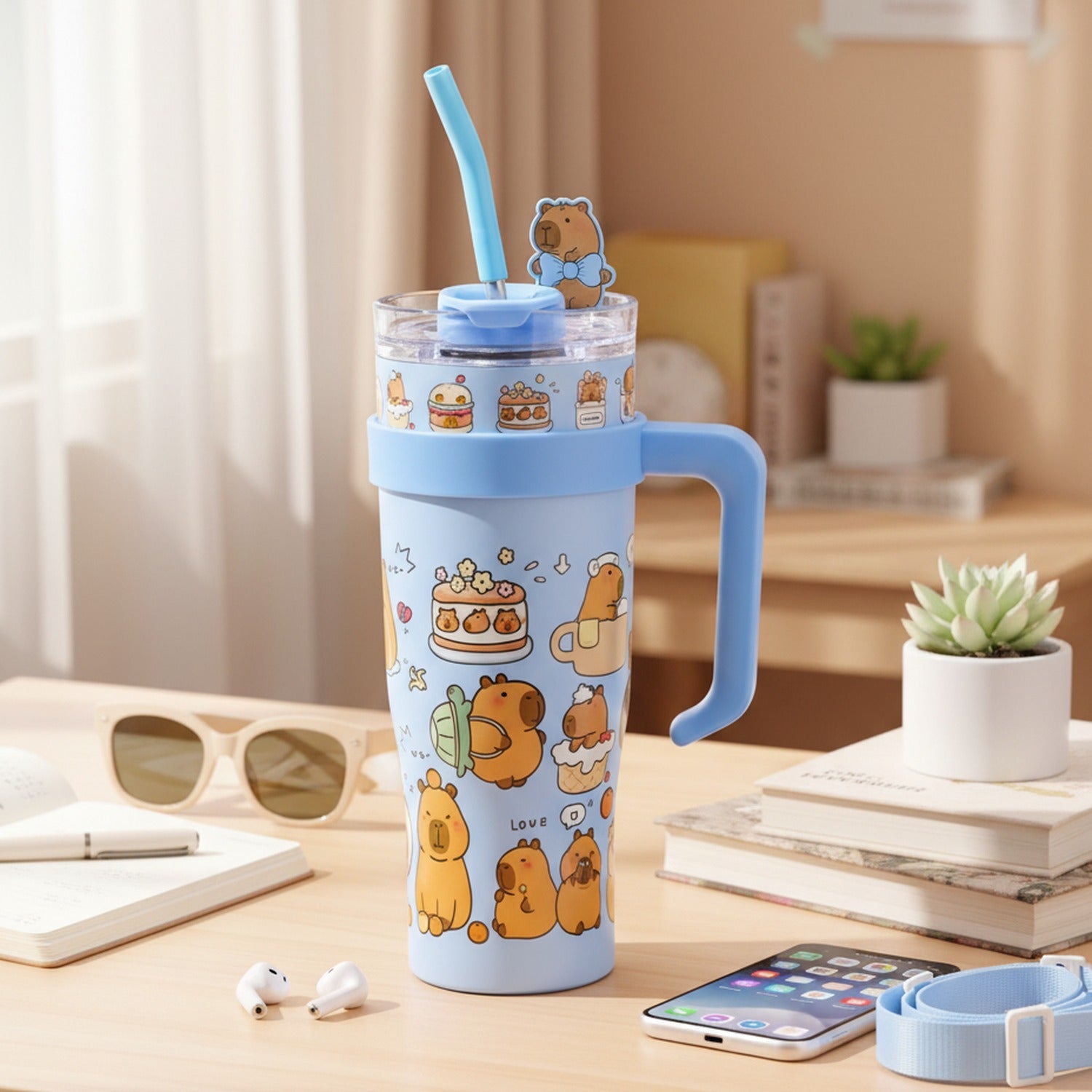 Pink Capybara Printed Tumbler With Handle And Straw
