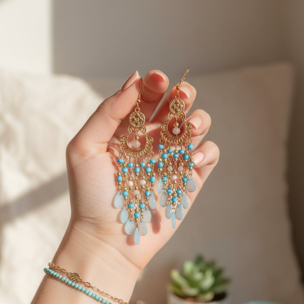 Turquoise Beaded Chandelier Drop Earrings