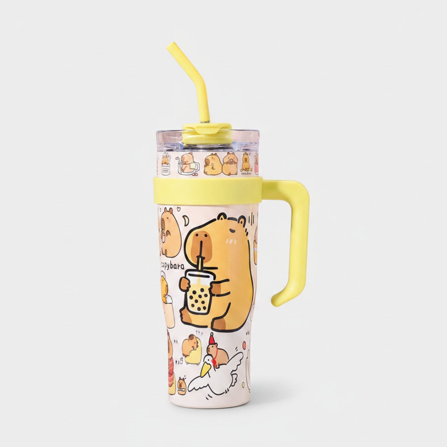 Pink Capybara Printed Tumbler With Handle And Straw
