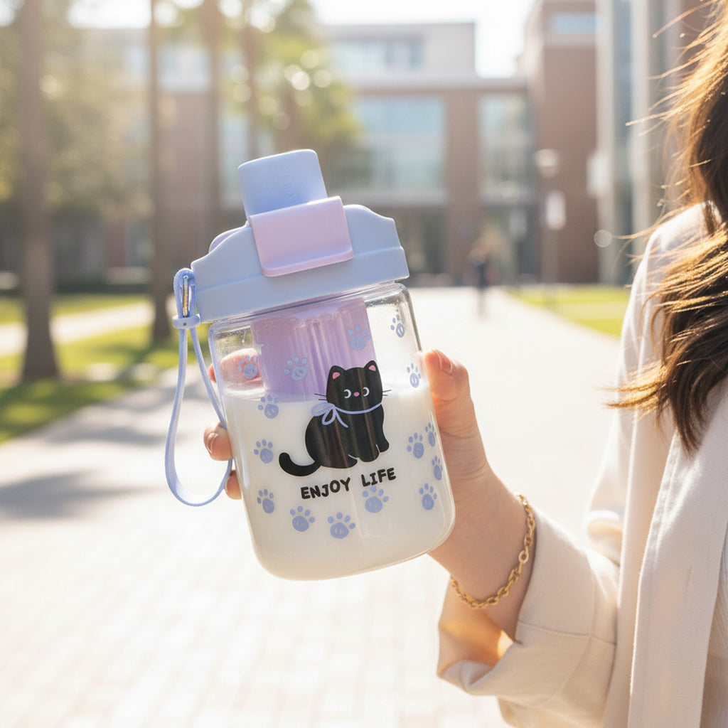 Black Cat Paw Print Water Bottle With Handle