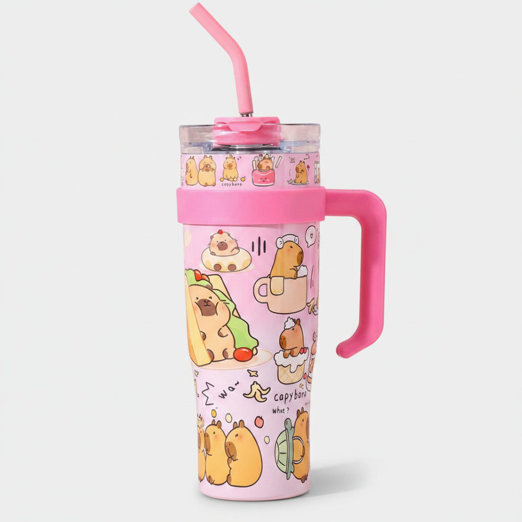 Pink Capybara Printed Tumbler With Handle And Straw
