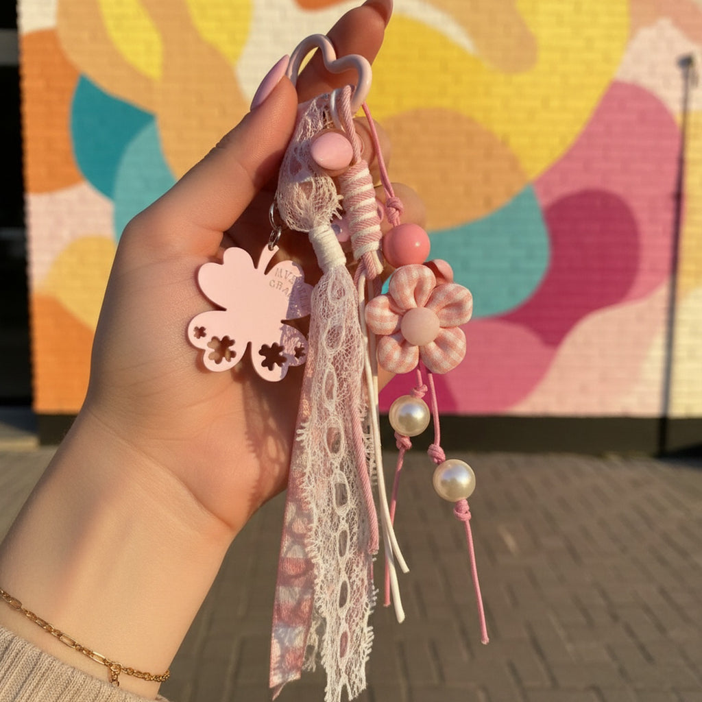Pink Floral Lace Keyring With Pearl Charms