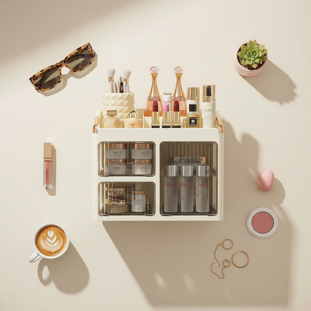 Cream Rotating Cosmetic Organizer with Glass Doors
