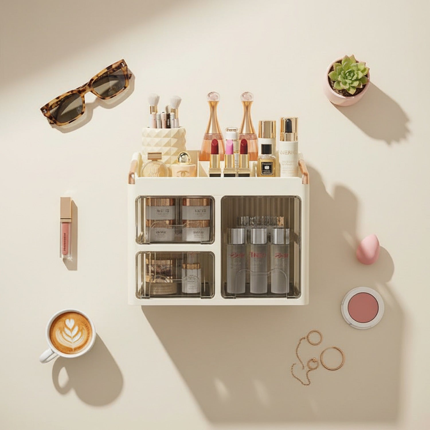 Cream Rotating Cosmetic Organizer with Glass Doors