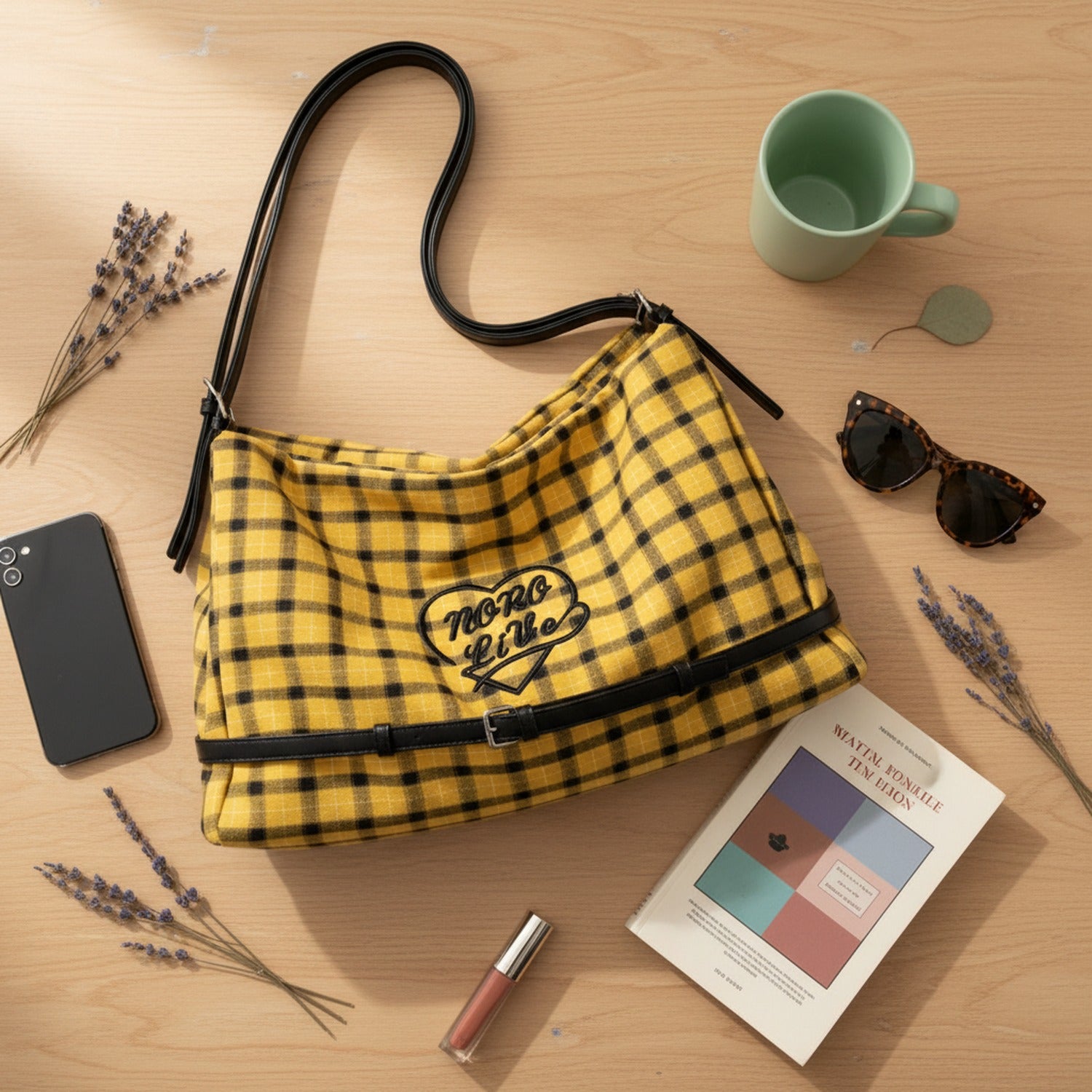Yellow Plaid Shoulder Bag With Heart Charm