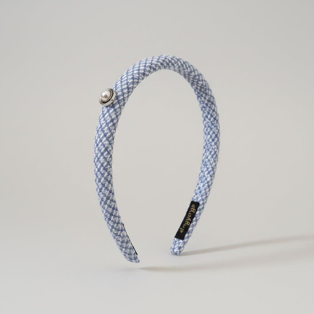 Blue Houndstooth Headband With Pearl Detail