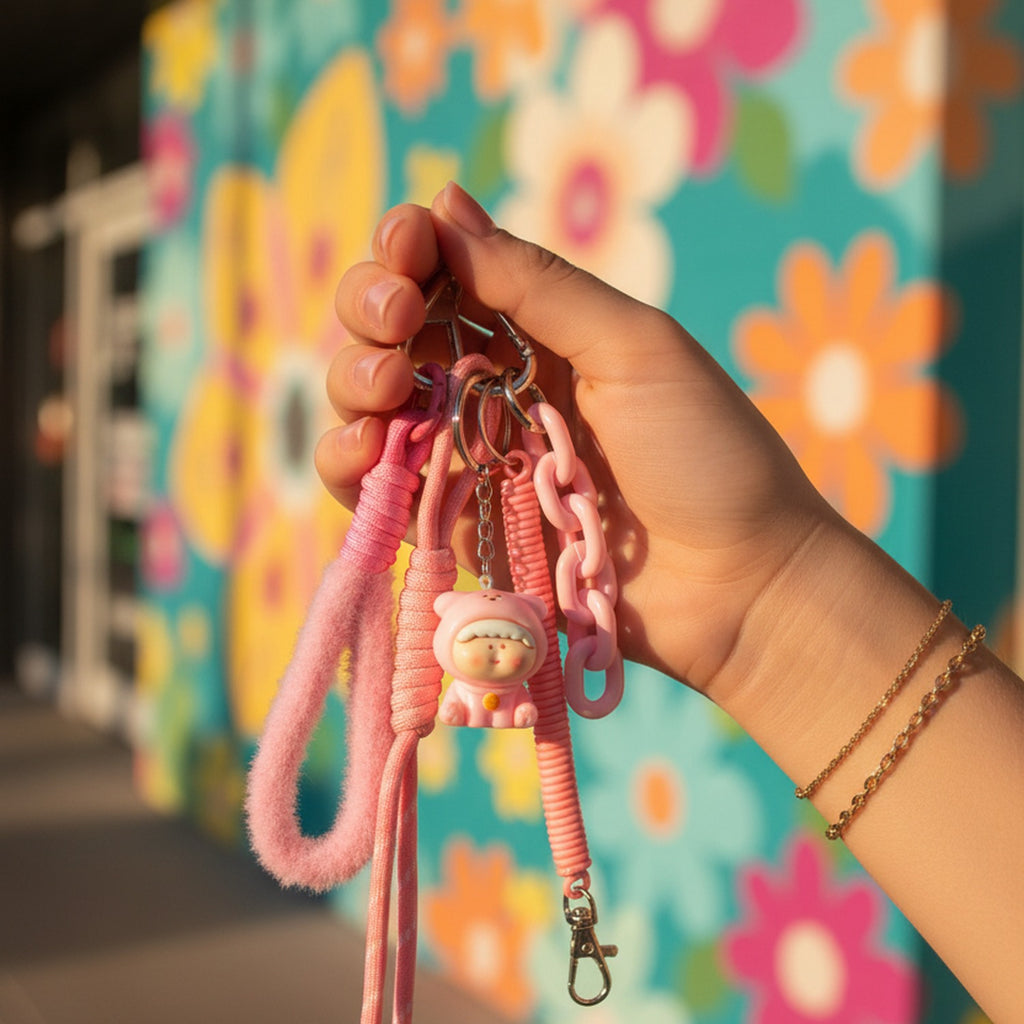 Pink Fluffy Charm Keychain With Ribbon Tassels