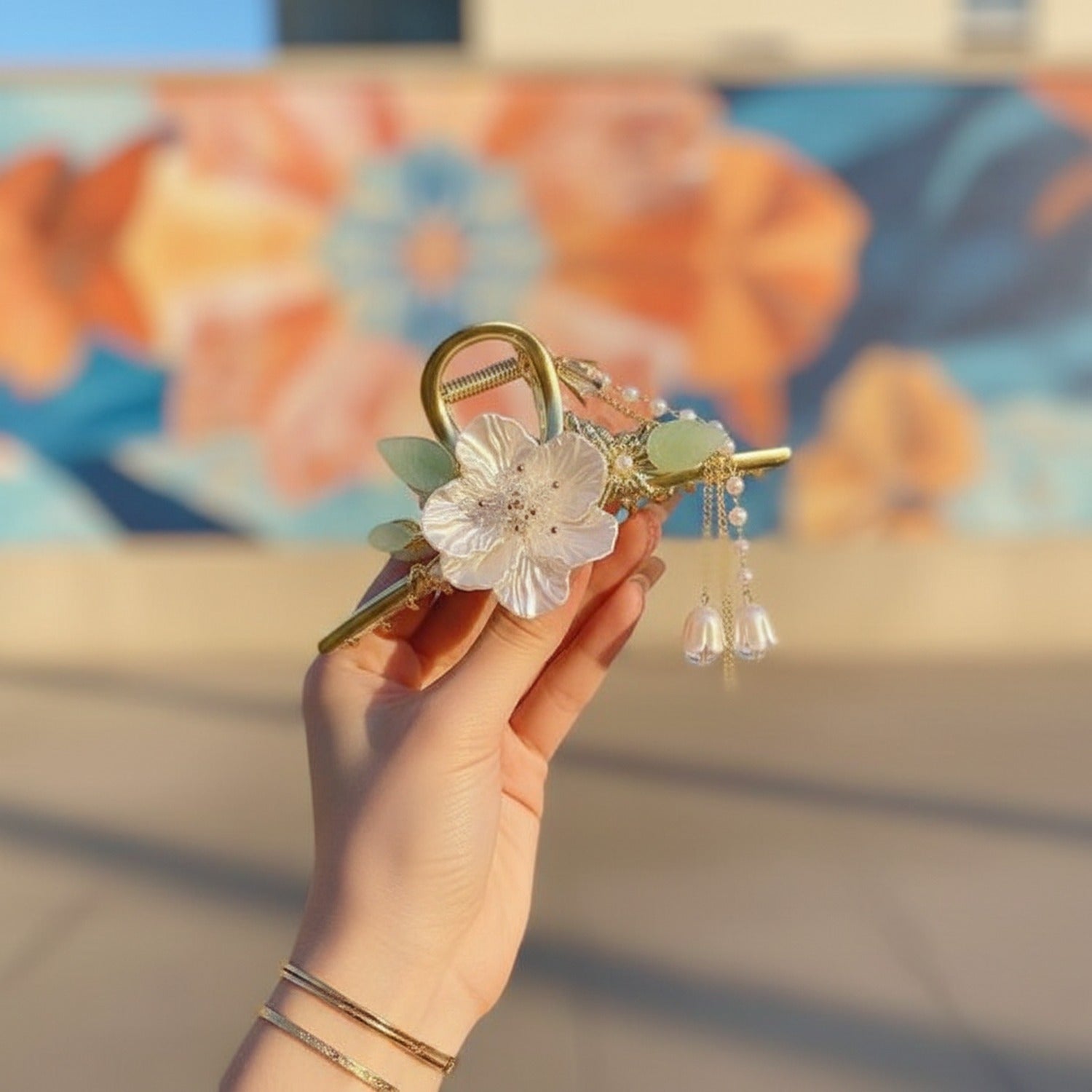 Delicate Floral Pearl Chain Hair Claw