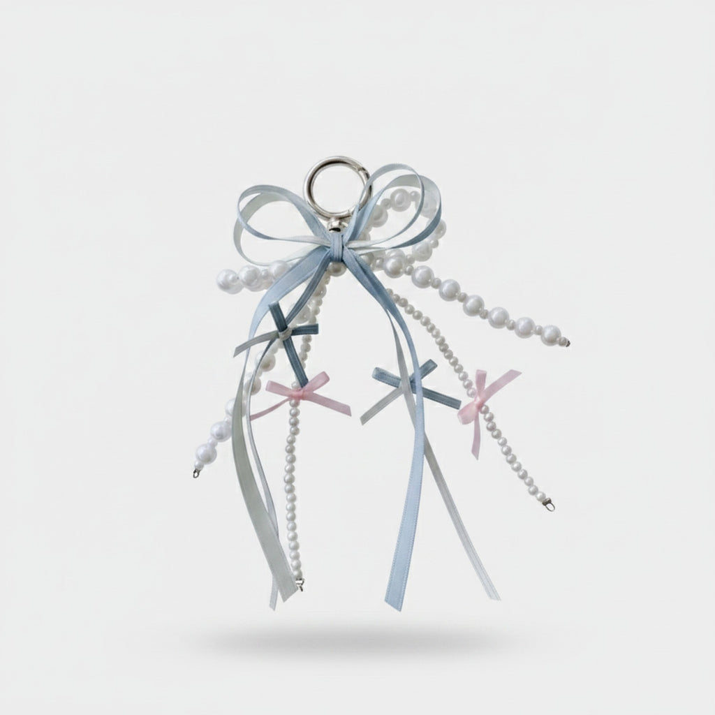 Elegant Ribbon Pearl Keychain with Bows - M390 Blue – novelty & toys (view 1)