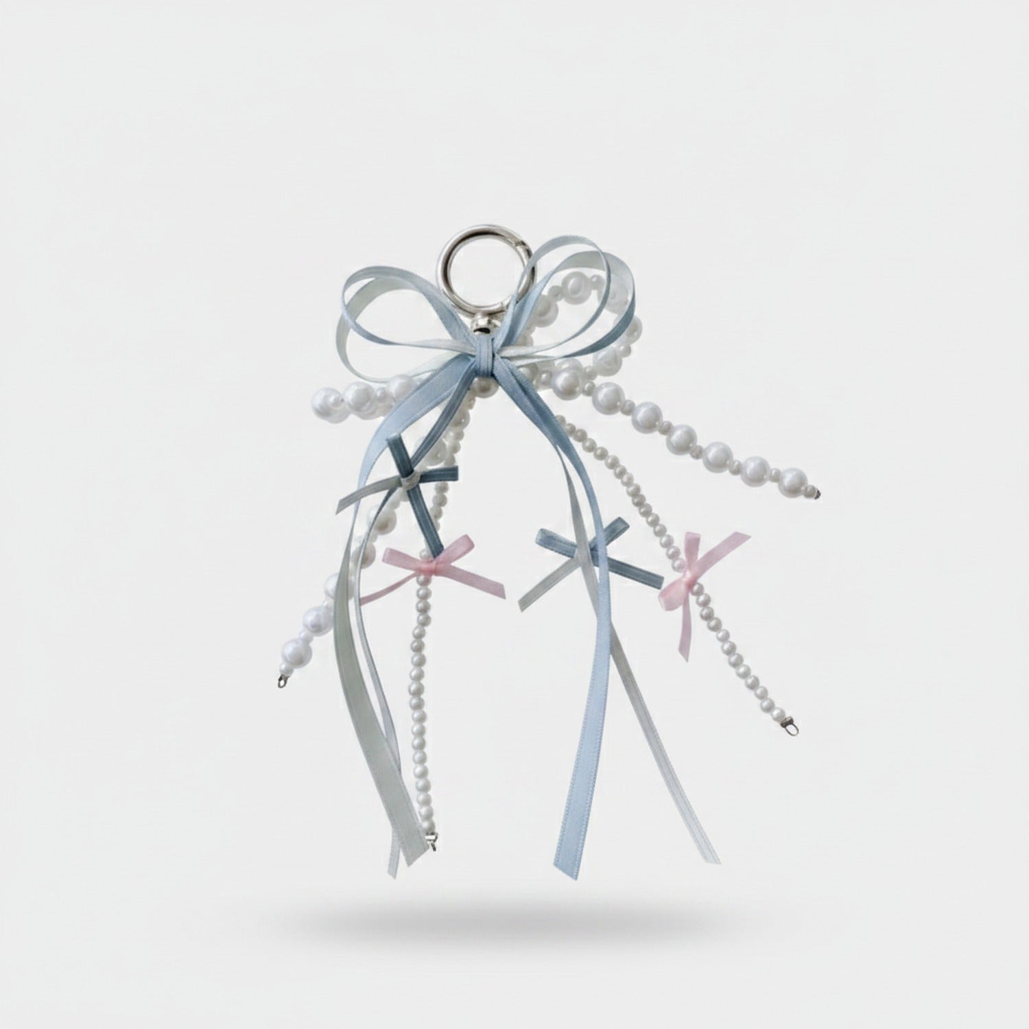 Elegant Ribbon Pearl Keychain with Bows - M390 Blue