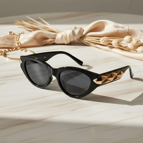 Black Cat Eye Sunglasses With Gold Studs