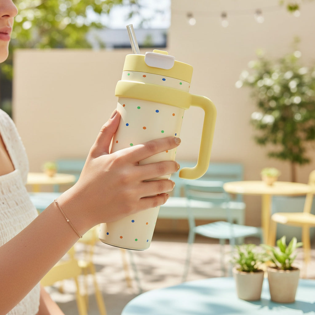Pastel Yellow Polka Dot Travel Tumbler With Handle