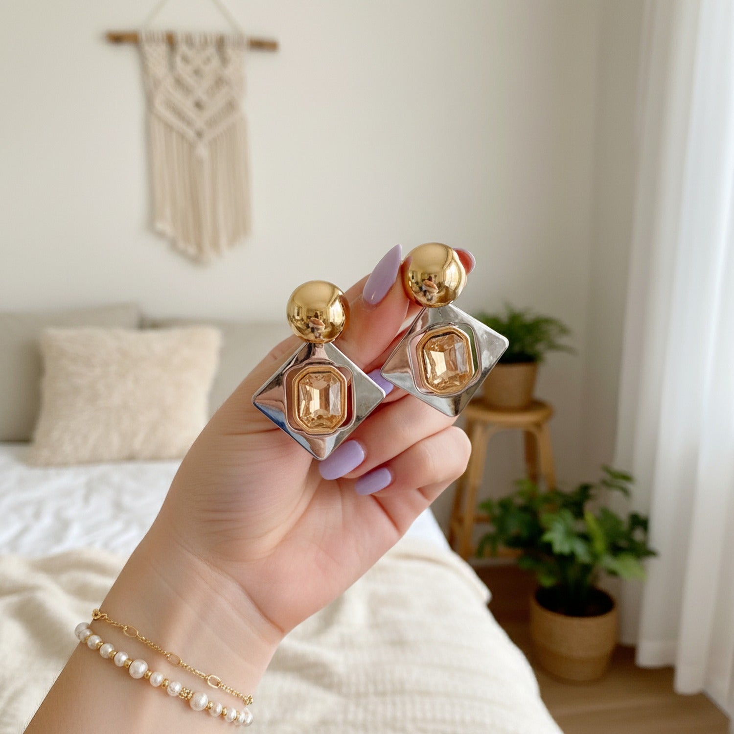 Gold Ball Stud Earrings With Champagne Crystal