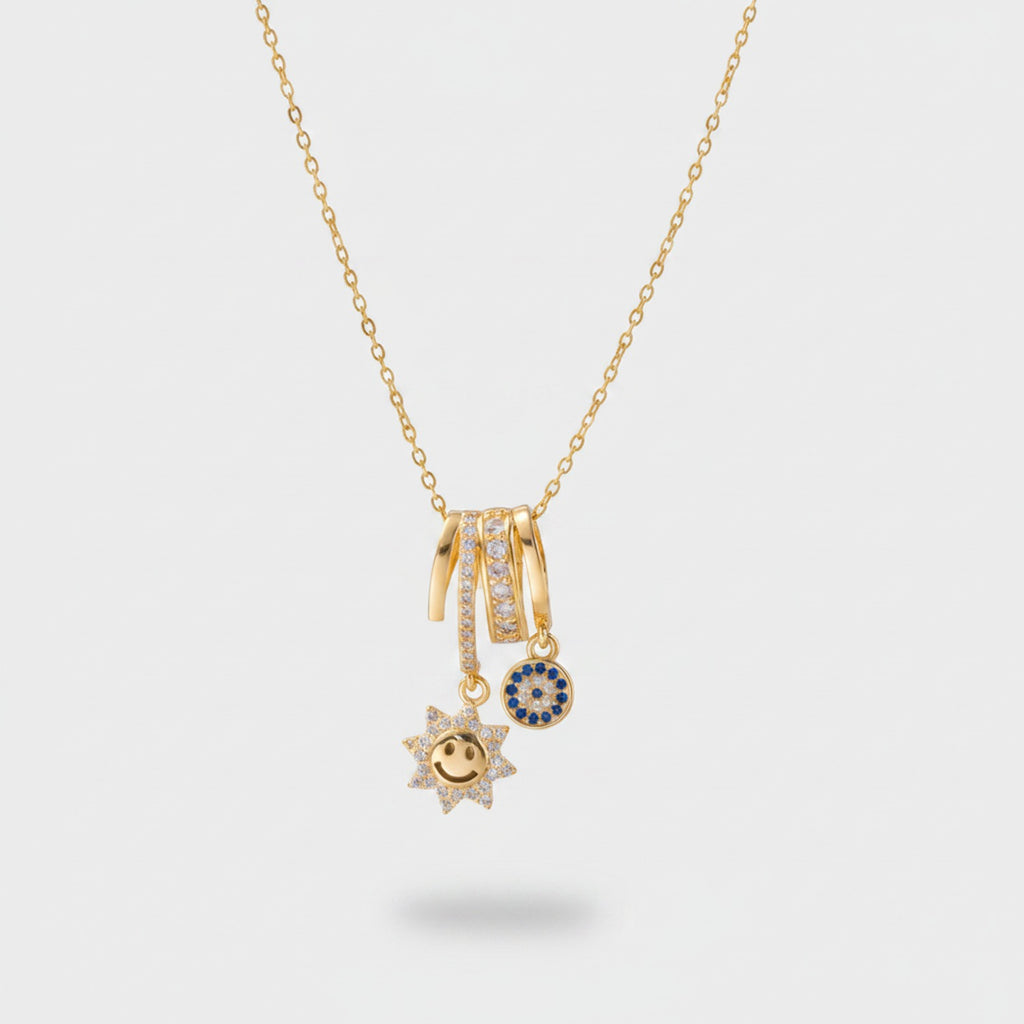 Gold Smiley Star Charm Necklace with Evil Eye