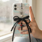 Beaded Black Ribbon Bow Acrylic Keyring Charm