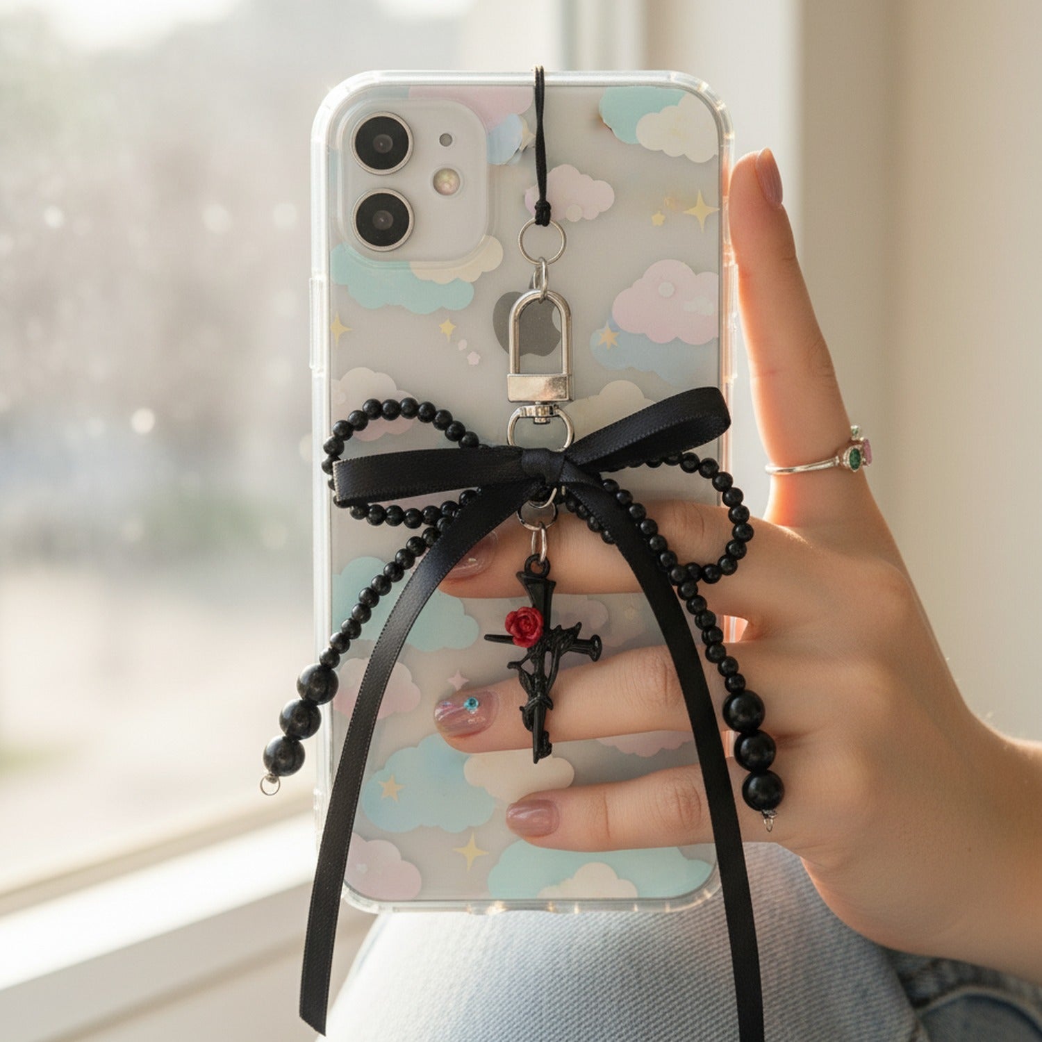 Beaded Black Ribbon Bow Acrylic Keyring Charm