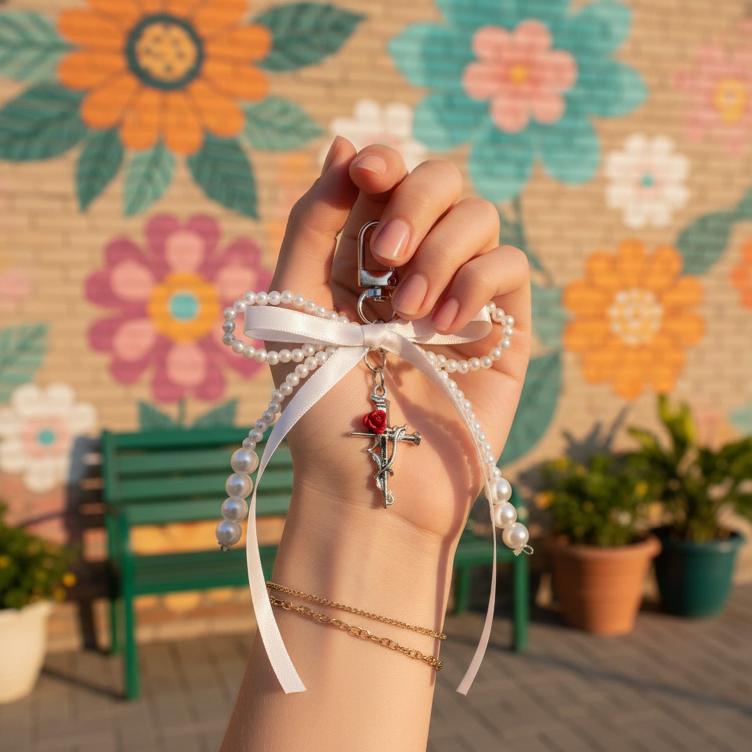 Beaded Black Ribbon Bow Acrylic Keyring Charm