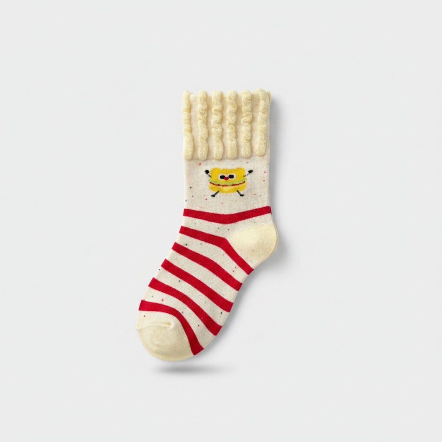 Cream Red Striped Smiley Face Crew Socks