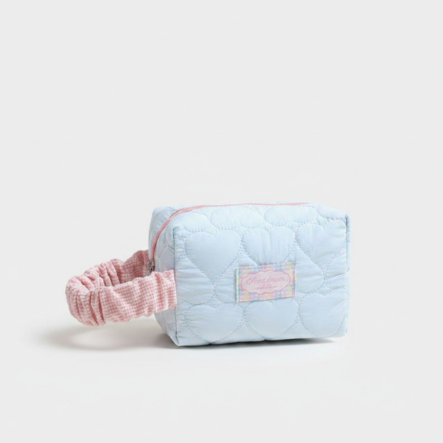 Quilted Cream Cosmetic Bag With Pink Scrunchie
