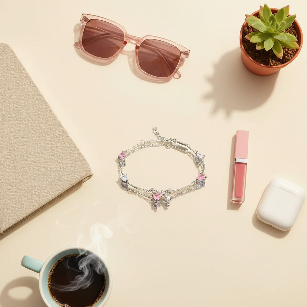 Silver Pink Heart Charm Bracelet With Bow