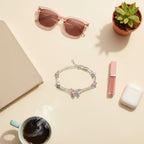 Silver Pink Heart Charm Bracelet With Bow
