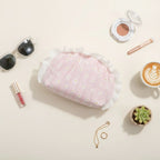 Pink Daisy Flower Quilted Cosmetic Bag With Faux Fur Trim