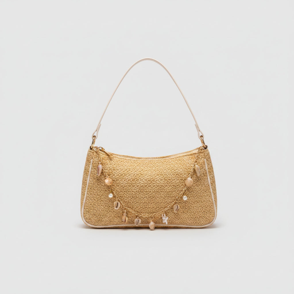 I notice this is a shoulder bag, not a hat or cap. Based on the visible product: Straw Shoulder Bag With Pearl Shell Cha