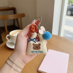 Cute Bear Keychain With Heart Charm And Pom Pom