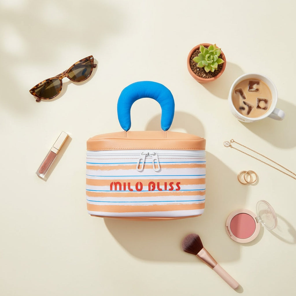 Striped Layered Cosmetic Case With Brown Handle