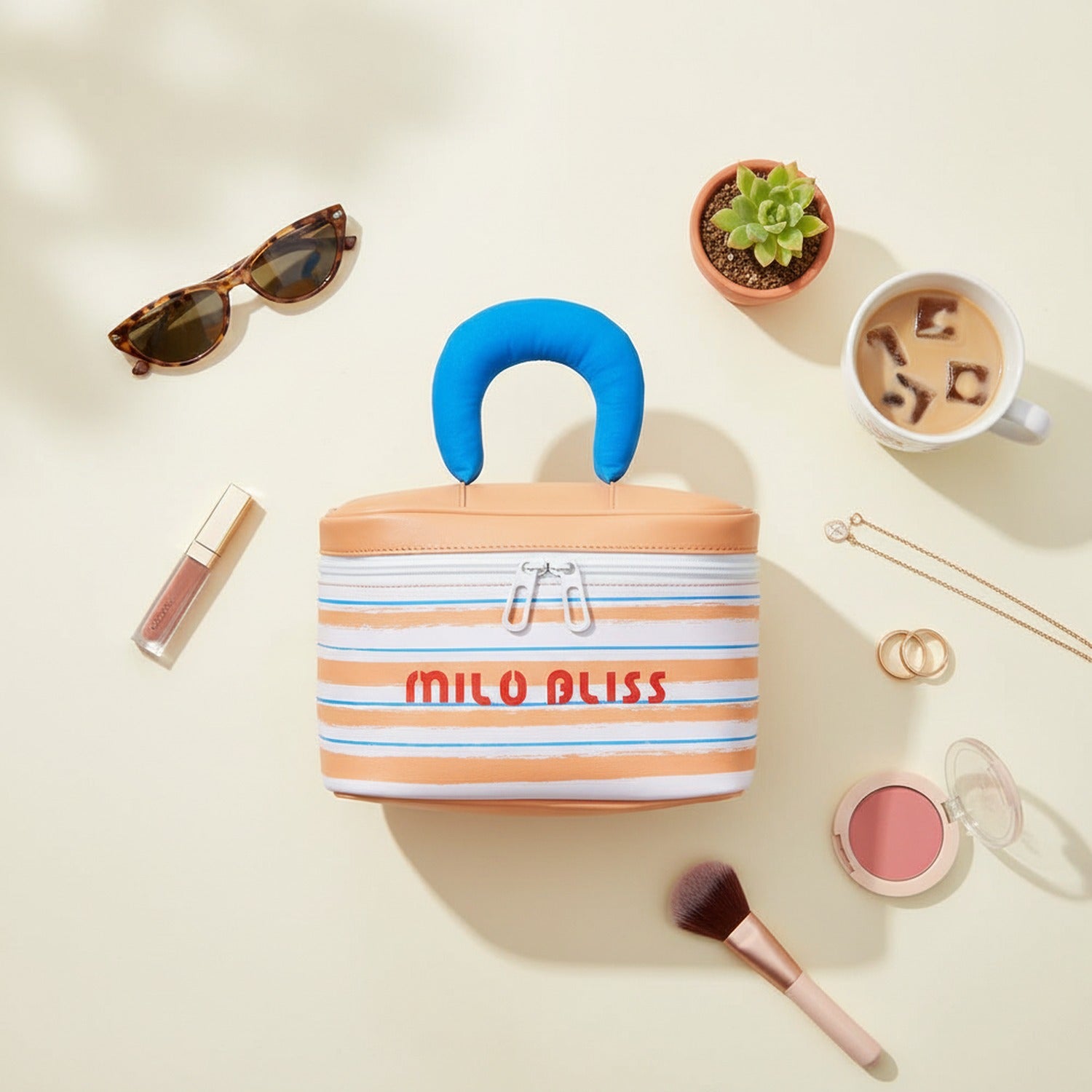 Striped Layered Cosmetic Case With Brown Handle
