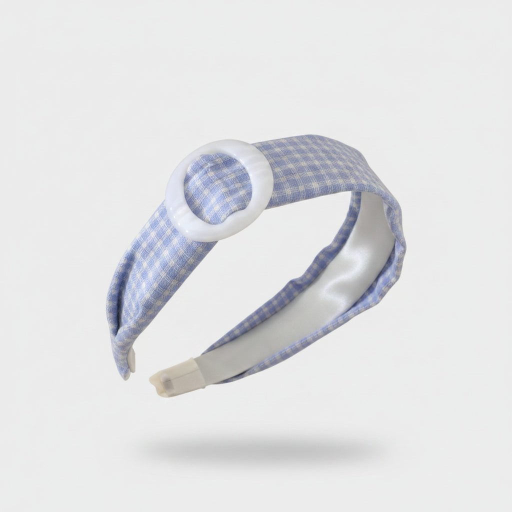 Blue Gingham Padded Headband With White Buckle