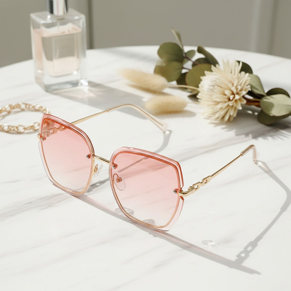 Square Pink Tinted Sunglasses with Chain Detail
