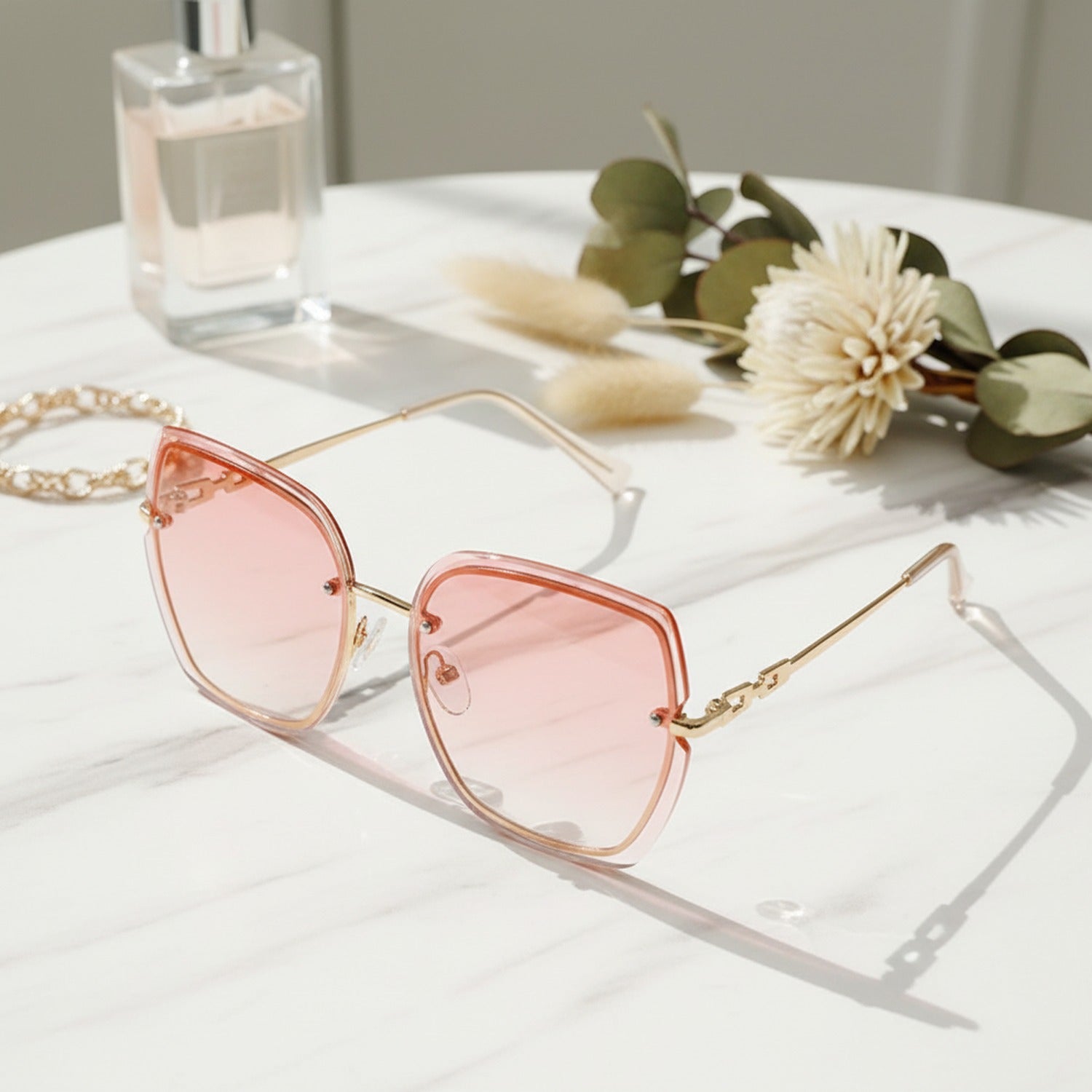Square Pink Tinted Sunglasses with Chain Detail