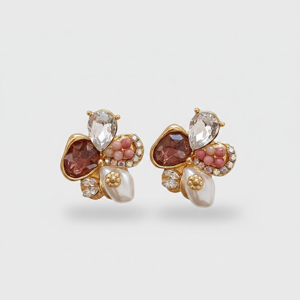 Flower Pearl Heart Gemstone Earrings Gold