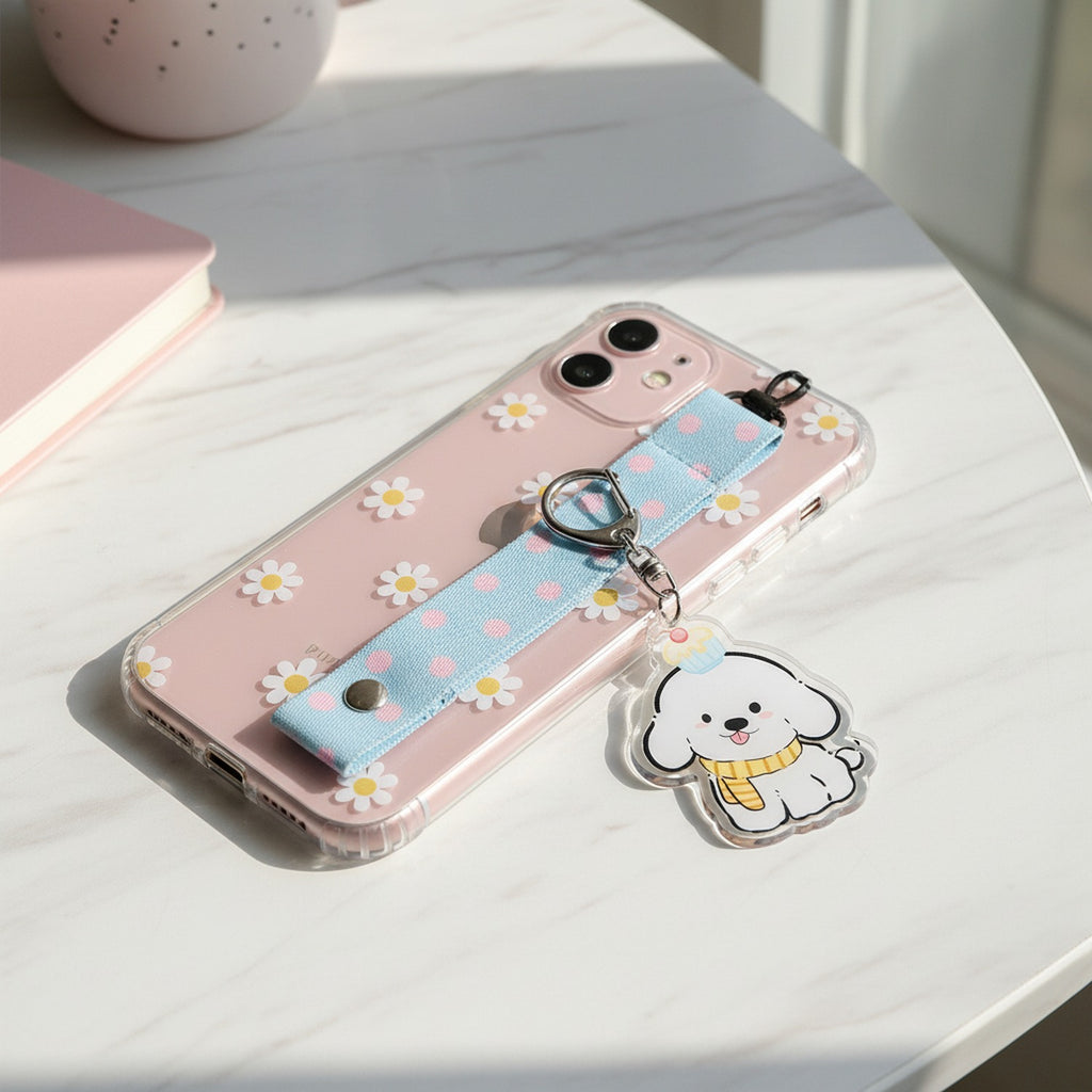 Cute White Puppy Acrylic Keyring With Cupcake Charm