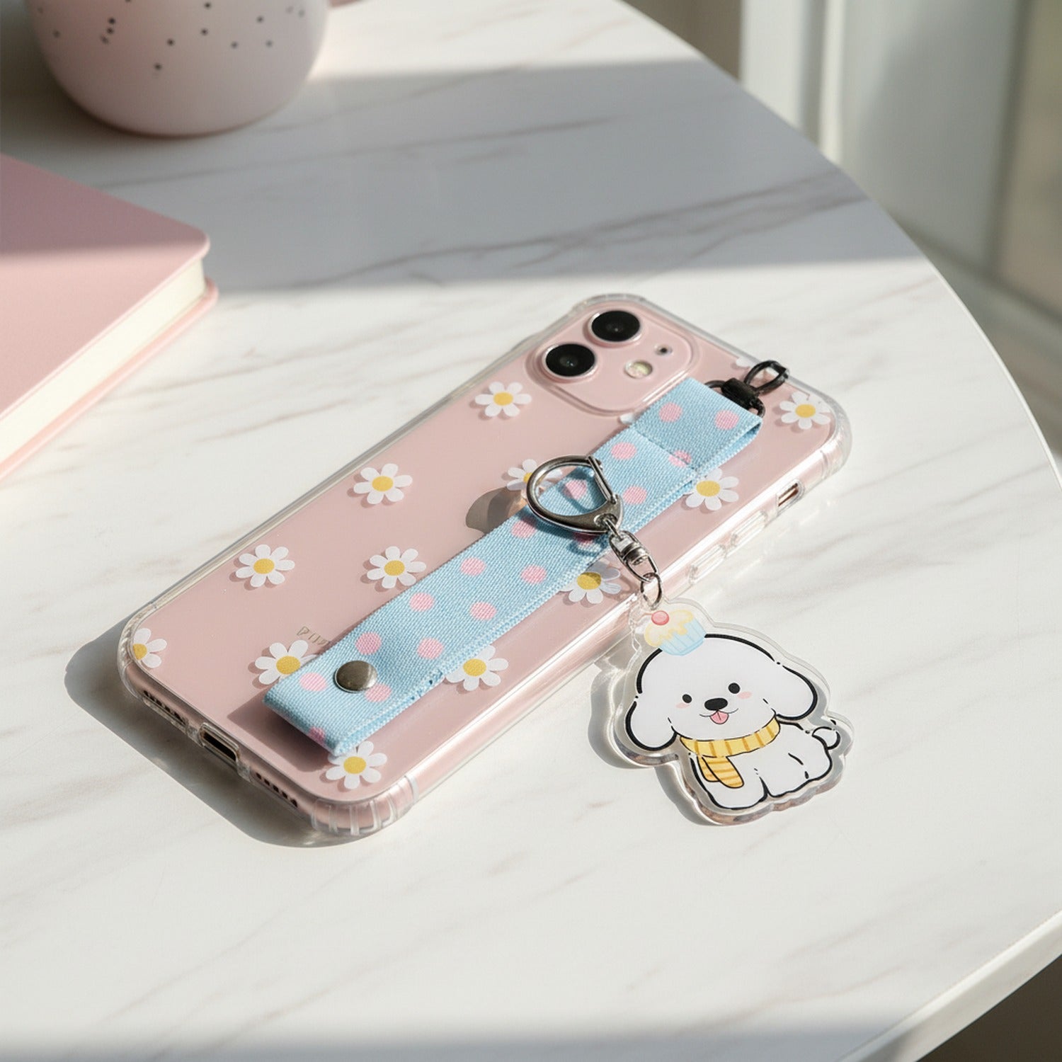 Cute White Puppy Acrylic Keyring With Cupcake Charm