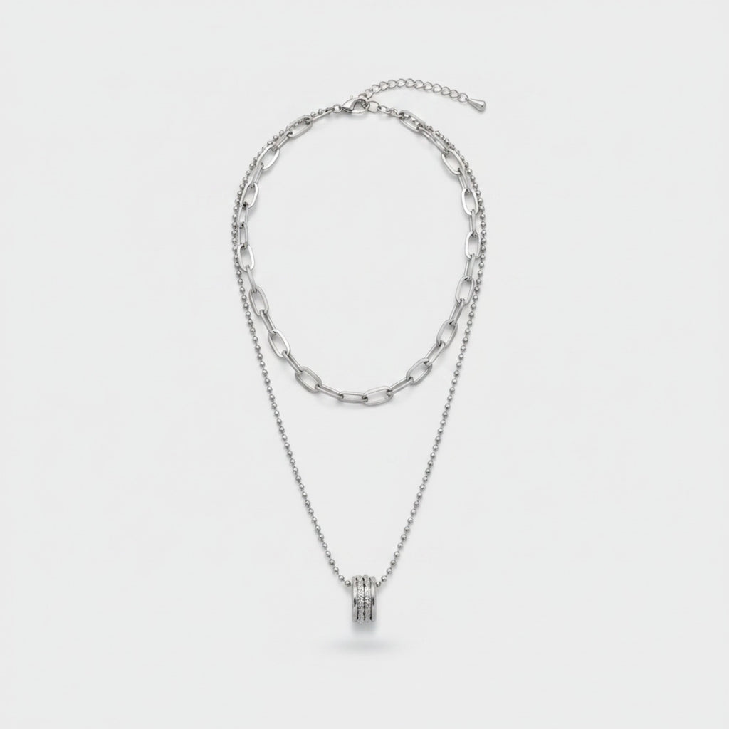 Silver Layered Chain Necklace With Rhinestone Pendant