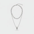 Silver Layered Chain Necklace With Rhinestone Pendant