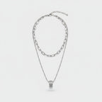 Silver Layered Chain Necklace With Rhinestone Pendant