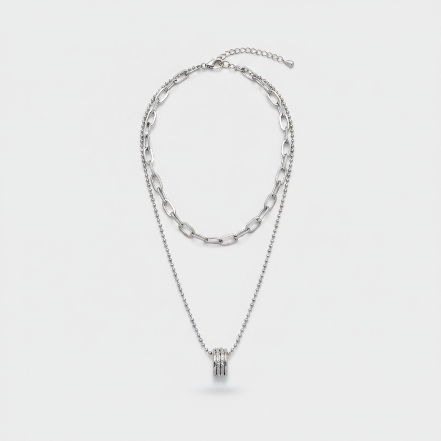 Silver Layered Chain Necklace With Rhinestone Pendant