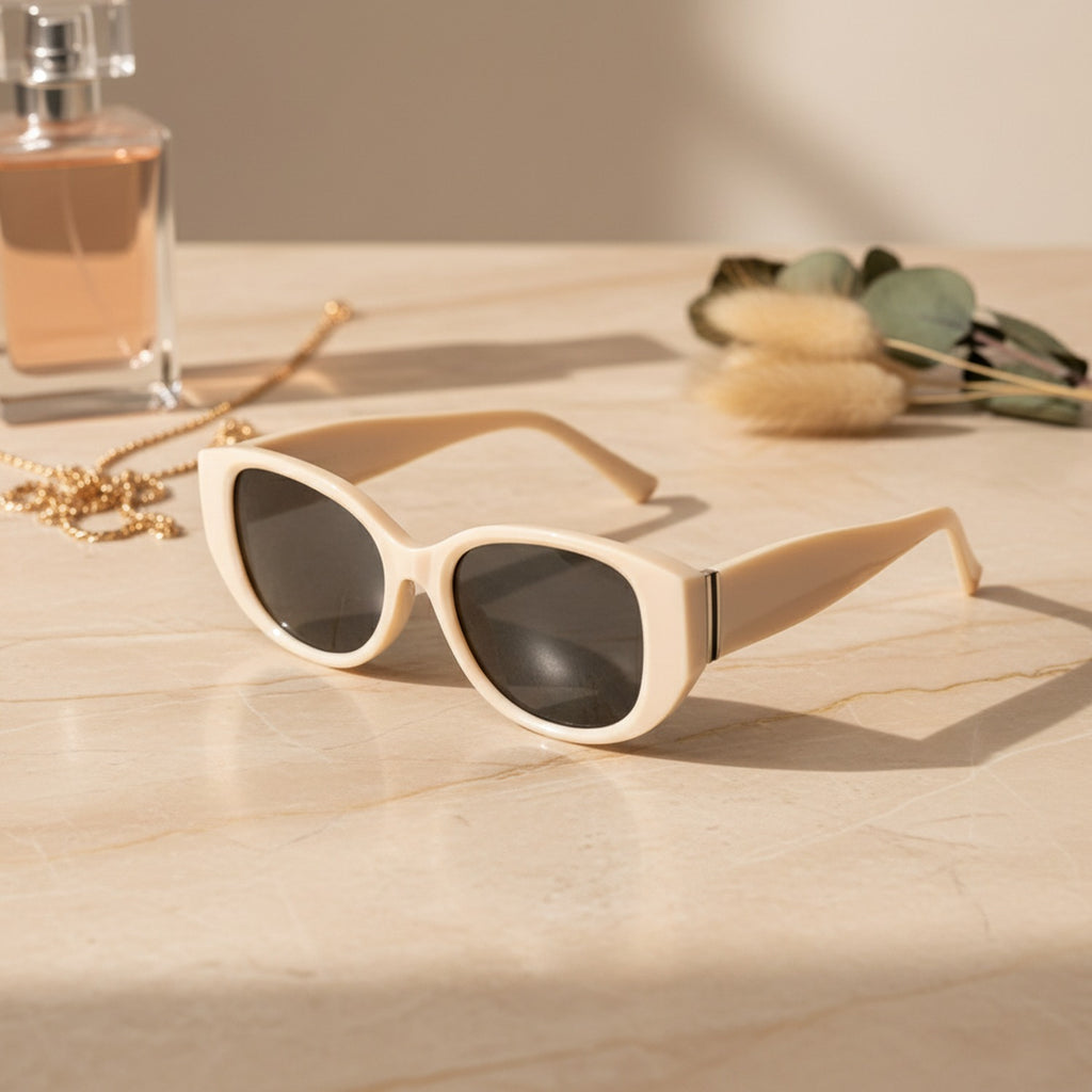 Cream Oval Sunglasses With Metal Bar Detail