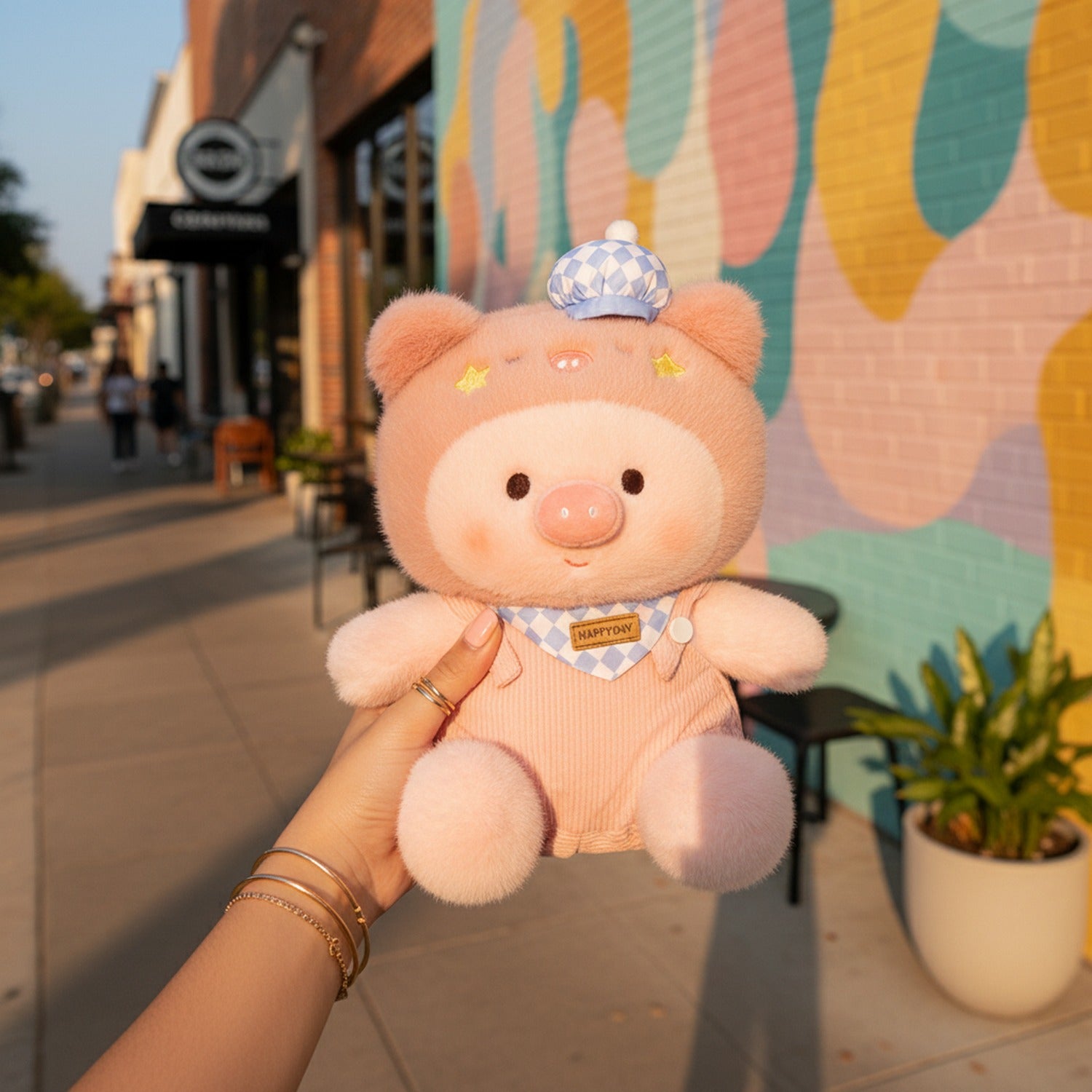 Pink Plush Pig Plushie With Blue Hat And Stars