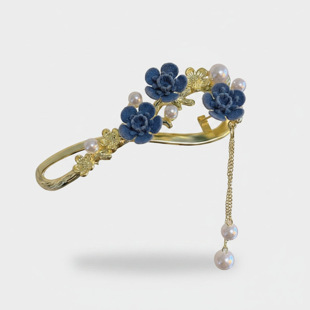Blue Velvet Floral Hair Claw With Pearl Chain