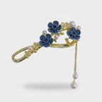 Blue Velvet Floral Hair Claw With Pearl Chain