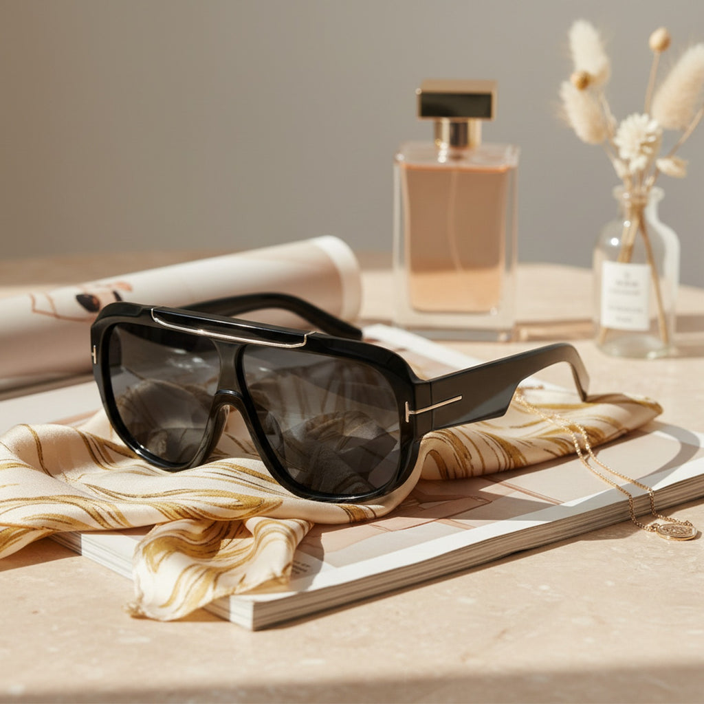 Black Oversized Aviator Sunglasses with Gold Trim