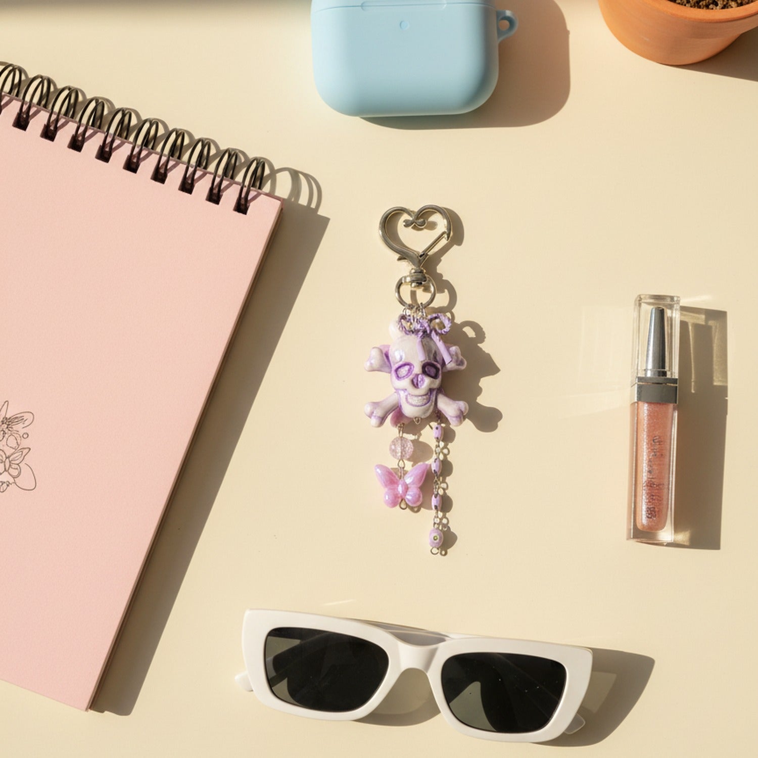 Purple Skull Acrylic Keyring With Butterfly Charm